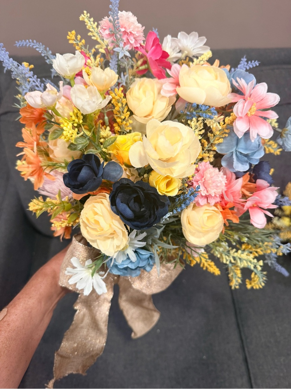 2-Elegant Mixed Artificial Floral Bouquets in Yellow, Navy, Pink & Blue